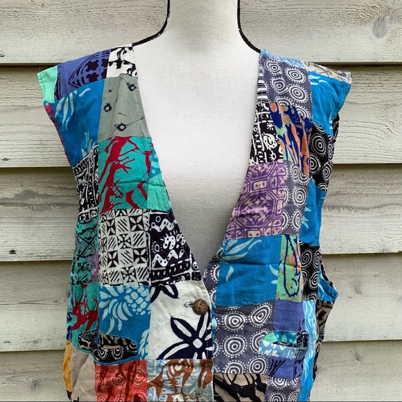 Vintage 80s Blue Handmade Abstract Patchwork Print Sleeveless Button Down Vest - Picture 9 of 16